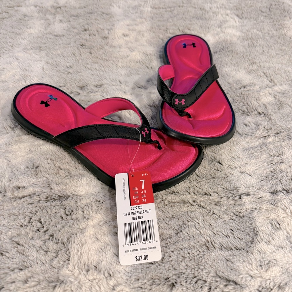 Under Armour Black and Hot Pink Flip Flops.  NWT